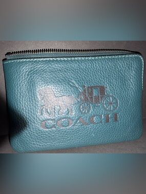 Coach Teal Pebbled Leather Zip Pouch with Horse & Carriage Logo
